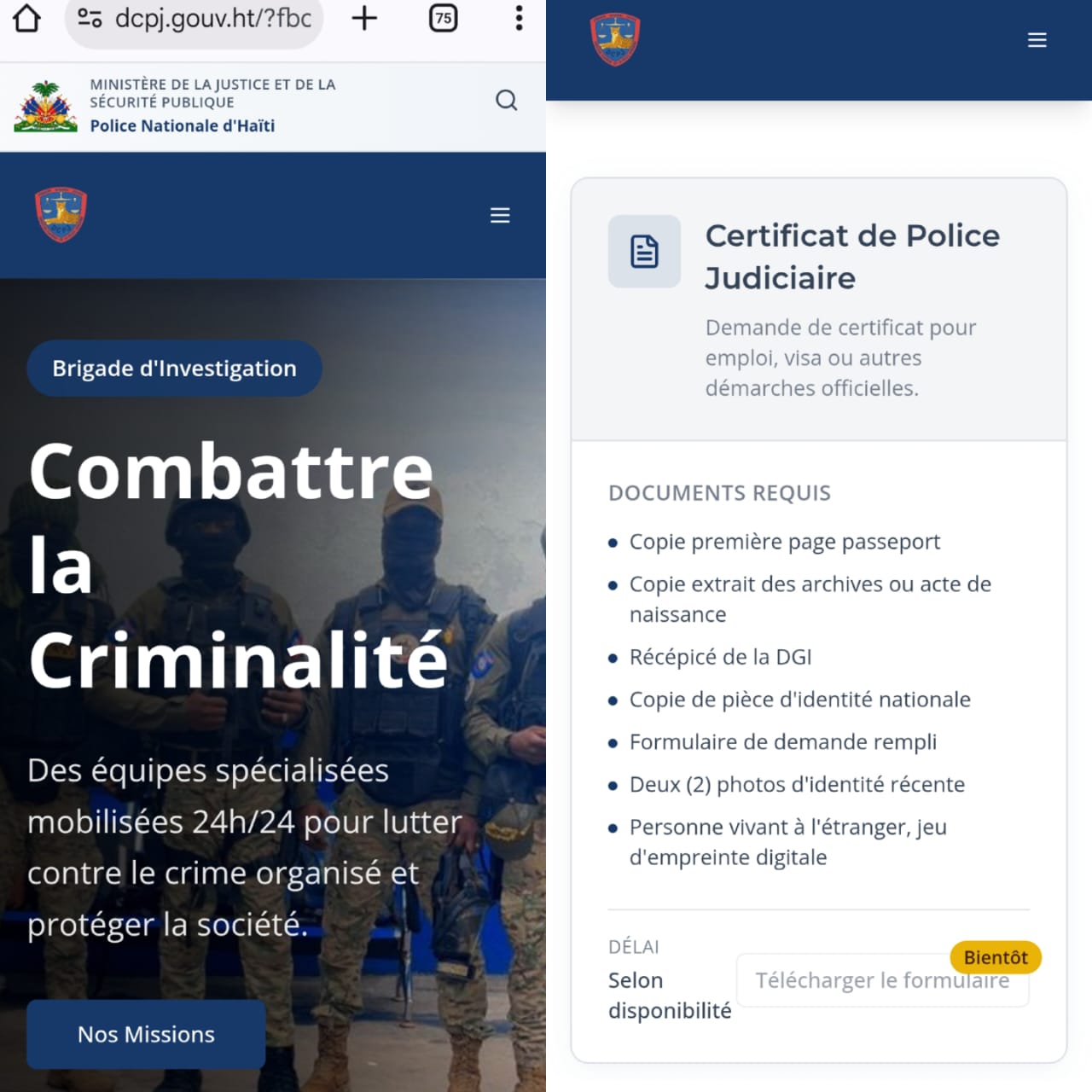 Illustration : capture d'écran de l'Interface du site de la DCPJ